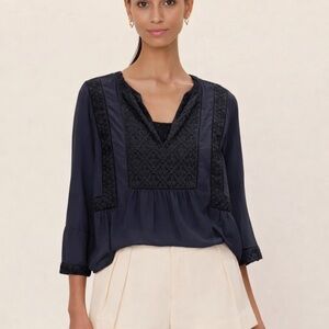Rebecca Taylor Navy Embroidered Blouse Top 10 Fringe Quiet Luxury Work 100% Silk